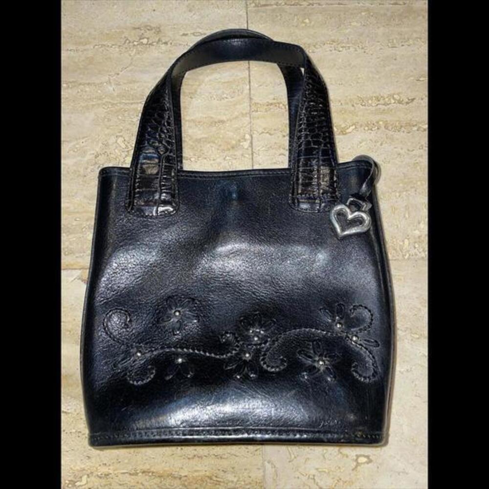 Vintage Brighton‎ Embroidered Floral Black Leather Mini Tote Bag 8.5x7.5”